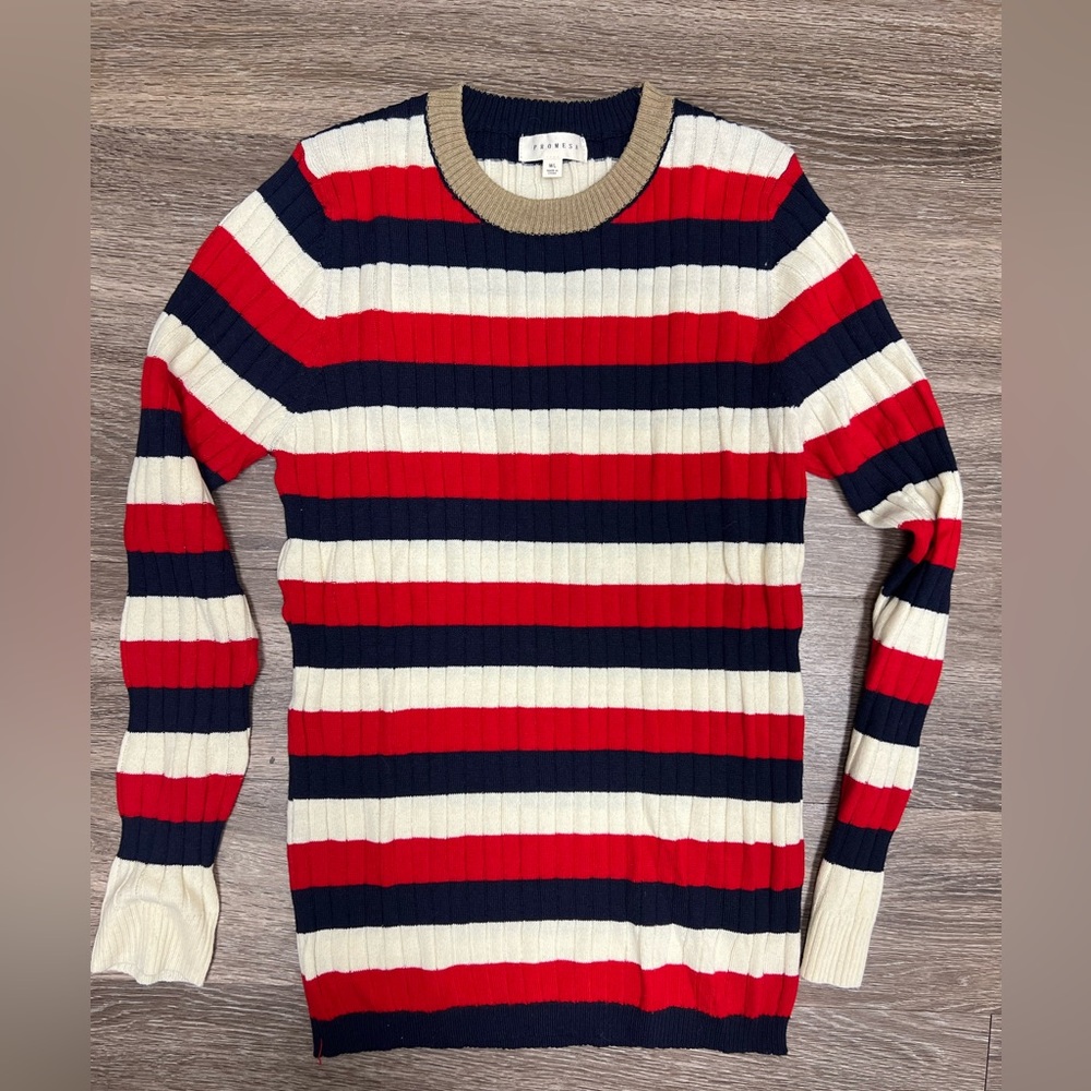 NWOT Promesa M/L striped red blue and cream ribbed long sleeve sweater.